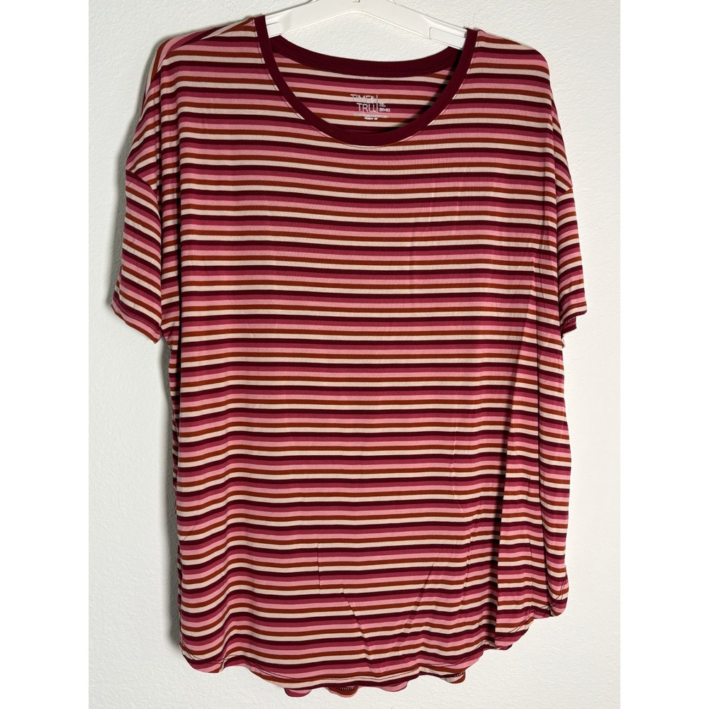 Time and Tru Womens XL Pink Burgundy Striped Short Sleeve T-Shirt Curved Hem